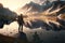 Generative AI illustration of lone hiker looking at distant mountain landscape across lake at sunset, health and wellbeing