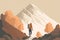 Generative AI illustration of lone hiker looking at distant mountain landscape across lake at sunset, health and wellbeing