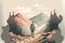 Generative AI illustration of lone hiker walking through the forest towards distant mountain landscape in the wilderness, vector