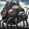 Generative AI illustration of a mechanical steampunk mobile house in the shape of a beetle.