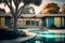 Generative AI illustration of mid-century modern house with swimming pool