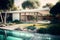 Generative AI illustration of mid-century modern house with swimming pool