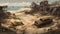 Generative AI illustration of an old rusty car in the sand and a abandoned house