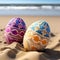 Generative AI illustration of ornamental Easter eggs placed on sand