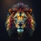 Generative AI illustration of polygonal phantasmal irridescent portrait of strong male lion on black background