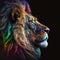 Generative AI illustration of polygonal phantasmal irridescent portrait of strong male lion on black background