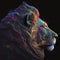 Generative AI illustration of polygonal phantasmal irridescent portrait of strong male lion on black background