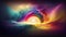 Generative AI, Illustration, Rainbow Haze: Create a dreamy and ethereal image, with a rainbow-colored burst of light and energy