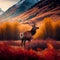 Generative AI Illustration of red deer stag in Autumn Fall mountain landscape with beautiful soft golden hour light and selective