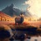 Generative AI Illustration of red deer stag in Autumn Fall mountain landscape with beautiful soft golden hour light and selective