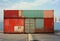 Generative ai illustration of red and green container on dock against cityscape