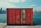 Generative ai illustration of red and green container on dock against cityscape