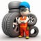 Generative AI illustration of serious male mechanic in uniform and cap standing near pile with wheels with crossed arms on white