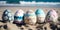 Generative AI illustration of set of decorated Easter eggs placed in row on sand on blurred seashore