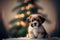 Generative AI illustration of Shih Tzu cute adorable puppy sitting in front of Christmas tree