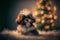 Generative AI illustration of Shih Tzu cute adorable puppy sitting in front of Christmas tree