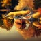 Generative AI illustration of single rowing boat on peaceful calm lake in Autumn with golden colors all around