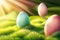 Generative AI Illustration of a Spring Day, three painted Easter eggs