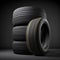 Generative AI illustration of stack with black tire wheels placed on dark background