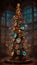 Generative AI illustration of steampunk Christmas tree with mechanicals gears lit up with multicolored lights.