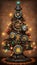 Generative AI illustration of steampunk Christmas tree with mechanicals gears lit up with multicolored lights.