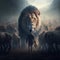 Generative AI illustration of strong powerful lion and wildebeest confronting a single man