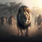 Generative AI illustration of strong powerful lions walking through dusty landscape
