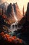 Generative AI illustration of stunning golden hour mountain, forest and waterfall landscape image