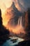 Generative AI illustration of stunning golden hour mountain, forest and waterfall landscape image