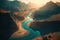 Generative AI illustration of stunning image of turquoise river flowing through deep mountain valley during golden hour