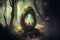 Generative AI illustration of surreal wooden egg in forest landscape with miniature fantasy world inside egg