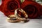 Generative ai illustration of two wedding rings and red rosesin close-up