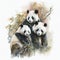 Generative AI illustration of watercolour style image of endangered giant pandas in bamboo forest jungle landscape