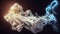 Generative AI illustration of White curve fog, smoke, clouds, fire and dark background with spotlight. Abstract illustration art.