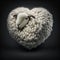 Generative AI illustration of white woolen knitted heart with sheep head against black background
