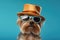 Generative AI Illustration of a Yorkshire Terrier wearing a hat and sunglasses