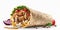 Generative AI illustration of yummy Mexican burrito with salad and tomatoes served with sauce and chicken in pita near onion on