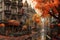 Generative AI illustrations. Autumn city alley landscape. Pathway in beautiful autumn city background