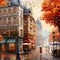 Generative AI illustrations, autumn city street with modern houses exterior urban buildings facade cityscape background