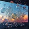 Generative AI, illustrations, bubbles soaring outdoor on sunny summer day, image poster with blue cloudy sky background