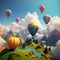 Generative AI, illustrations, Colorful hot air balloons flying over mountains