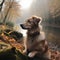 Generative AI illustrations, the dog beside the lake. Romantic mood. Brown dog in nature