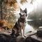 Generative AI illustrations, the dog beside the lake. Romantic mood. Siberian Husky in nature