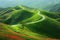 Generative AI Image of Aerial View of Winding Road in Green Hills with Flowering Plants