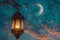 Generative AI Image of Background of Islamic Lantern Hanging Outdoor with Moon in the Evening