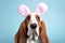 Generative Ai image of a basset hound wearing easter bunny ears