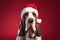 Generative AI image of a basset hound wearing a santa claus hat