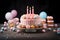 Generative AI Image of Beautiful Birthday Cake with Burning Candles on Dark Background