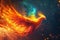 Generative AI Image of Beautiful Phoenix Bird with Fiery Wings Flying in Night Sky