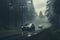 Generative AI Image of Cars Passing Through a Pine Forest with Thick Fog